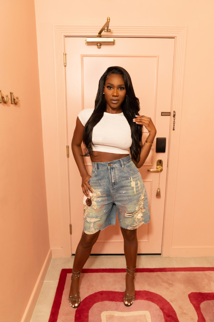 FLORAL EMBELLISHED DENIM SHORTS